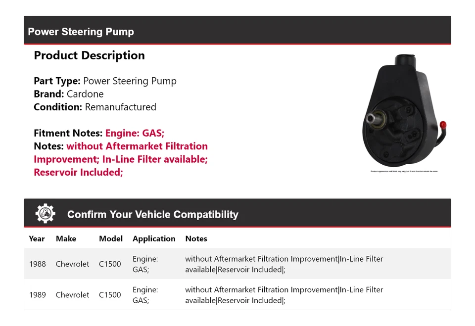 Bomba de dirección asistida de gas Cardone para Chevrolet C1500 1988-1989 Foto 2 de 4