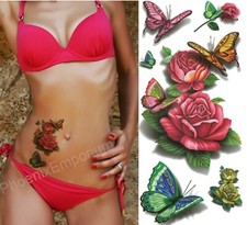 Butterfly Rose Tattoos Temporary 3D Body Art Stickers Fake Ladies Red Waterproof