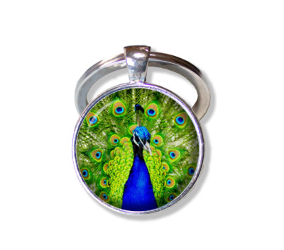 Peacock Feather in Blues and Greens - Handmade Glass Pendant Metal KEY RING