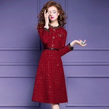 Sequin Red Dress Women Celebrity Fashion Mid Length Party Crew Neck A-line Skirt