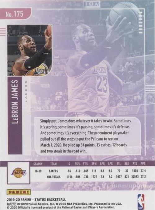 2019-20 Panini Status - LeBron James #175 for sale | eBay