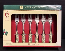 2009 International “Holiday Vine” 6-pc  Cocktail Fork Set Holly Stainless Steel