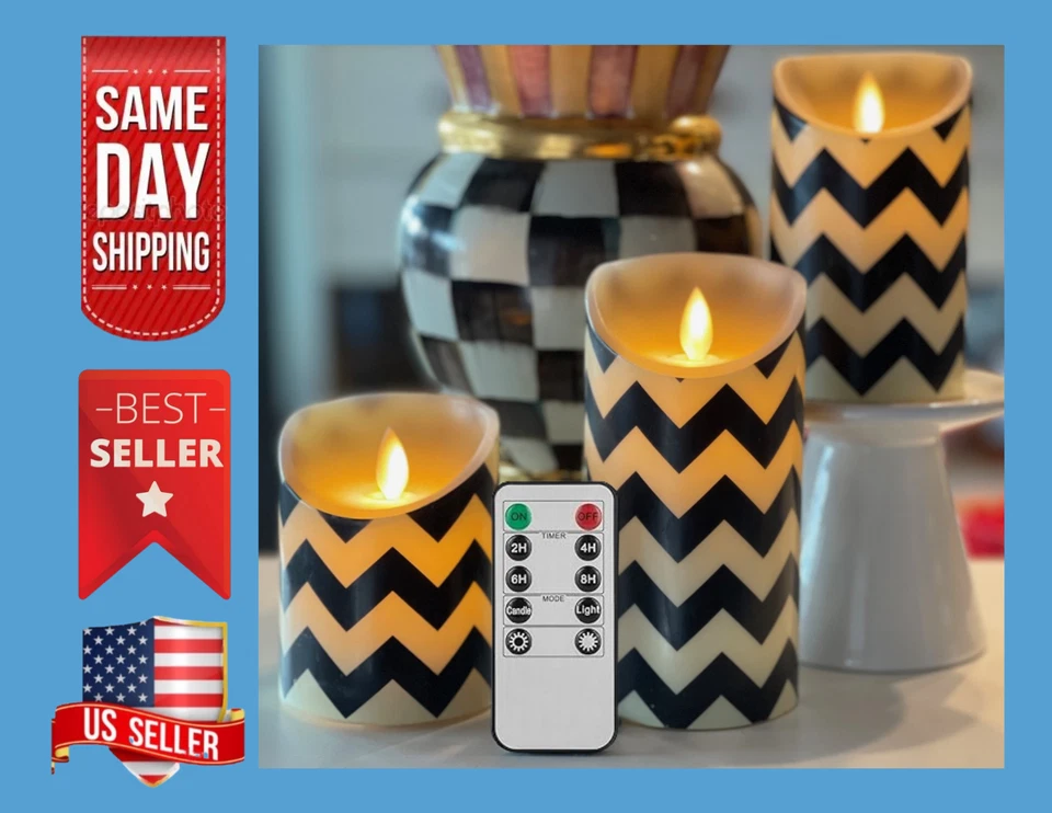 Flickering Flameless Blue and White Check  Wax Candle set with Remote / Timer - Image 4 of 4