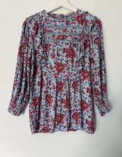 FatFace Blue & Red Paisley Ruffle Blouse Boho | UK Size 10