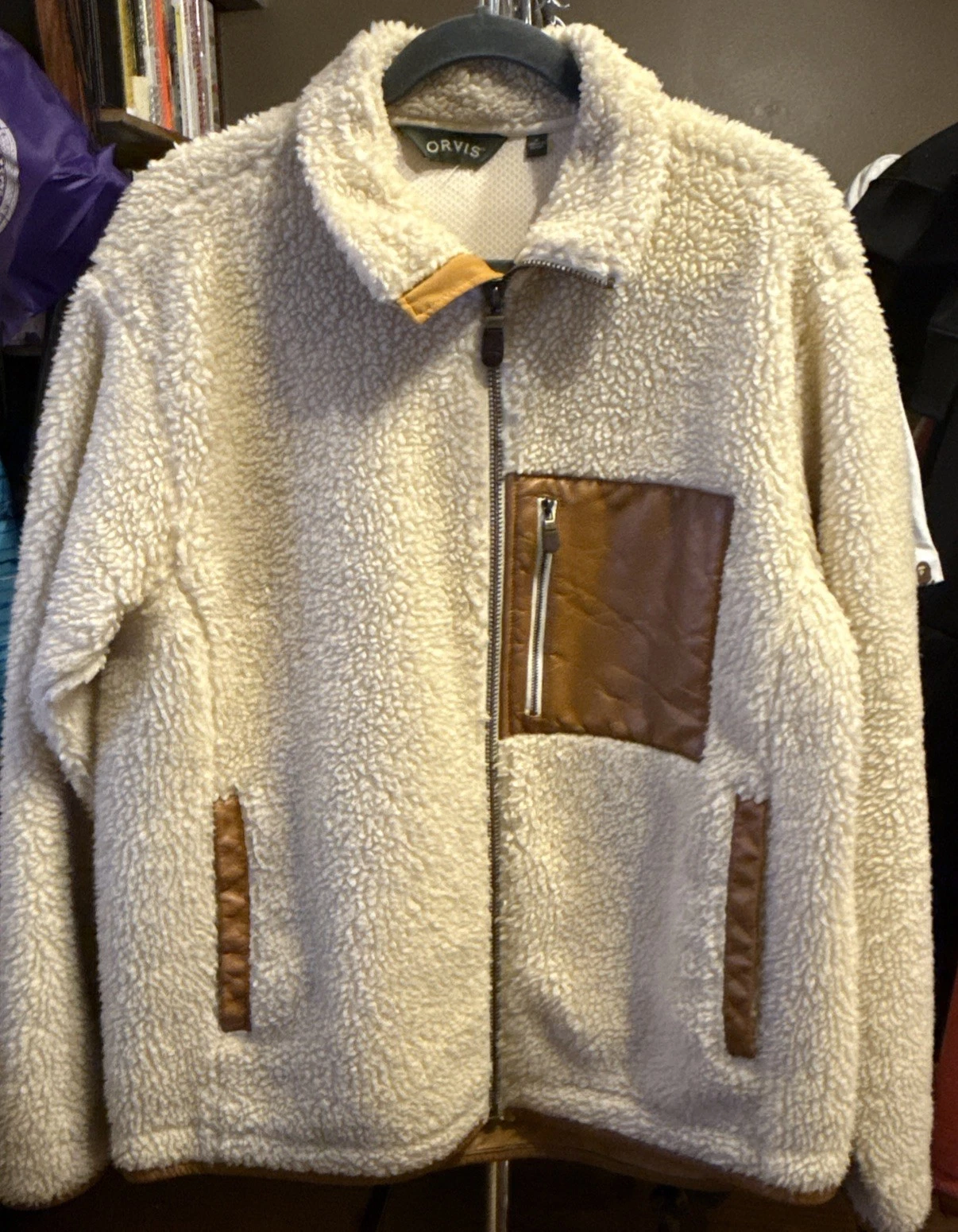 Orvis Jacket Mens M Beige Stowe Sherpa Deep Pile Zip Fleece Leather Trim Warm