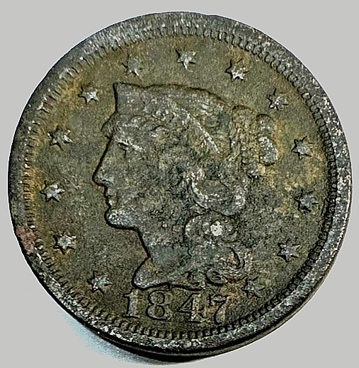 1847 Braided Hair Large Cent XF details environmental damage 925