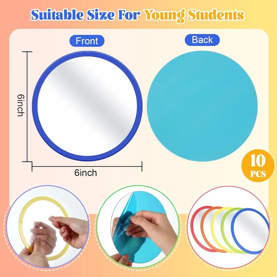Juego de espejos para niños 10 piezas 6 pulgadas irrompibles acrílico redondo seguro decoración de aula Foto 4 de 4