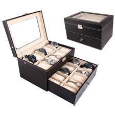 Mens Double Layer Watch Box 20 Grid Leather Display Case Jewelry Storage Holder