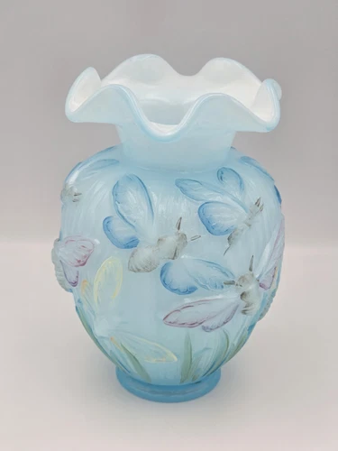 Fenton Blue Topaz Dragonfly Art Glass Vase Hand Painted EUC