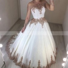 Princess White Wedding Dress Rose Gold Appliques Vintage Long Sleeve Bridal gown