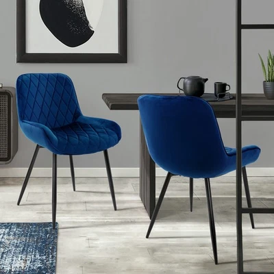 Lot 2x chaise de salle à manger aspect velours bleu foncé fauteuils salon/bureau - Photo 1/4