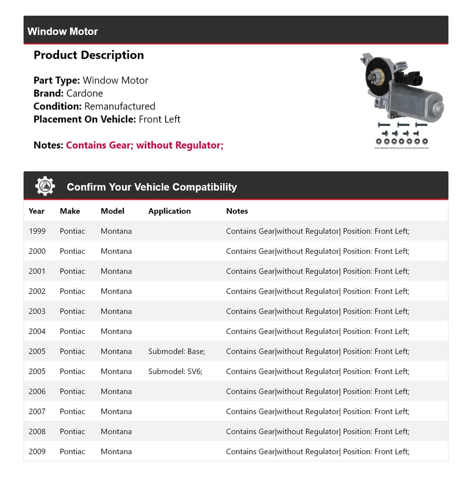 Motor ventana delantero izquierdo cardone 2000 2001 2002 Pontiac Montana 1999-2009 Foto 2 de 4