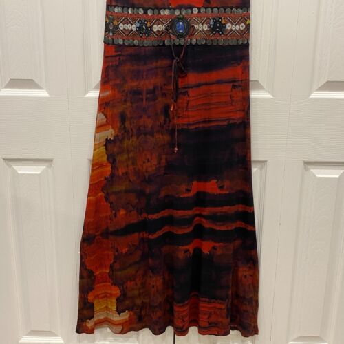 Maxi Vestido Desigual Para Mujer Grande Rojo Negro Corbata Cintura Flecos Sin Mangas Largo Boho - Imagen 5 de 16