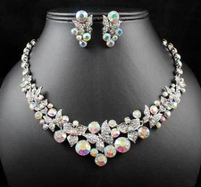 BUTTERFLIES AB WHITE AUSTRIAN RHINESTONE NECKLACE EARRING SET BRIDAL N1625AB