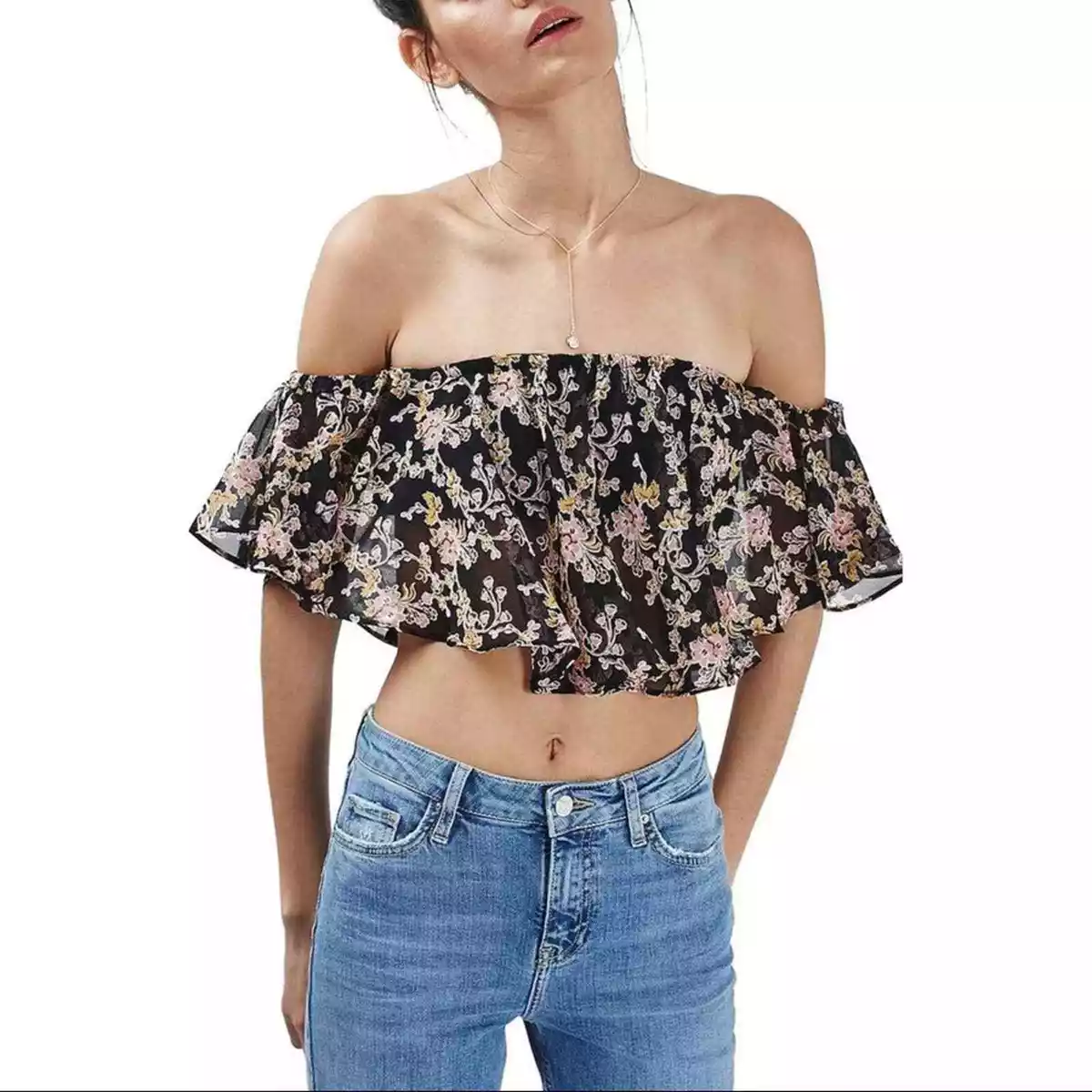 Topshop Floral Bardot Ruffle Off the Shoulder Crop Top 6 eBay