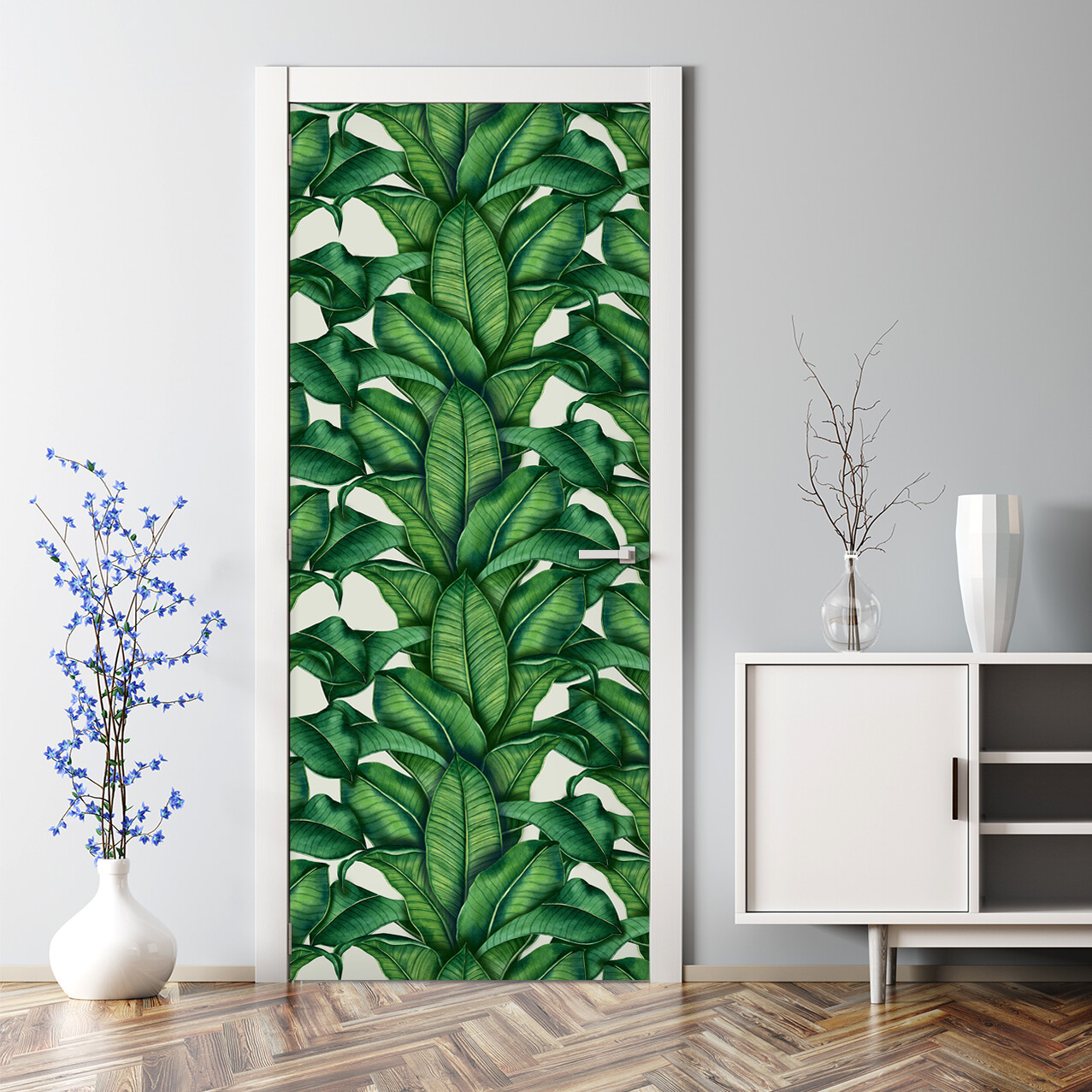 Botanical Leaves Bubble-Free Green Repositionable Door Decal with Exotic Pattern