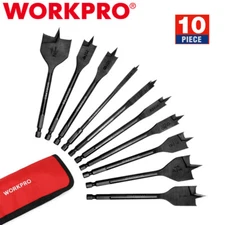 WORKPRO 10PC Spade Drill Bit Set Premium Carbon Steel Paddle Flat Bits 1/4-1-1/2