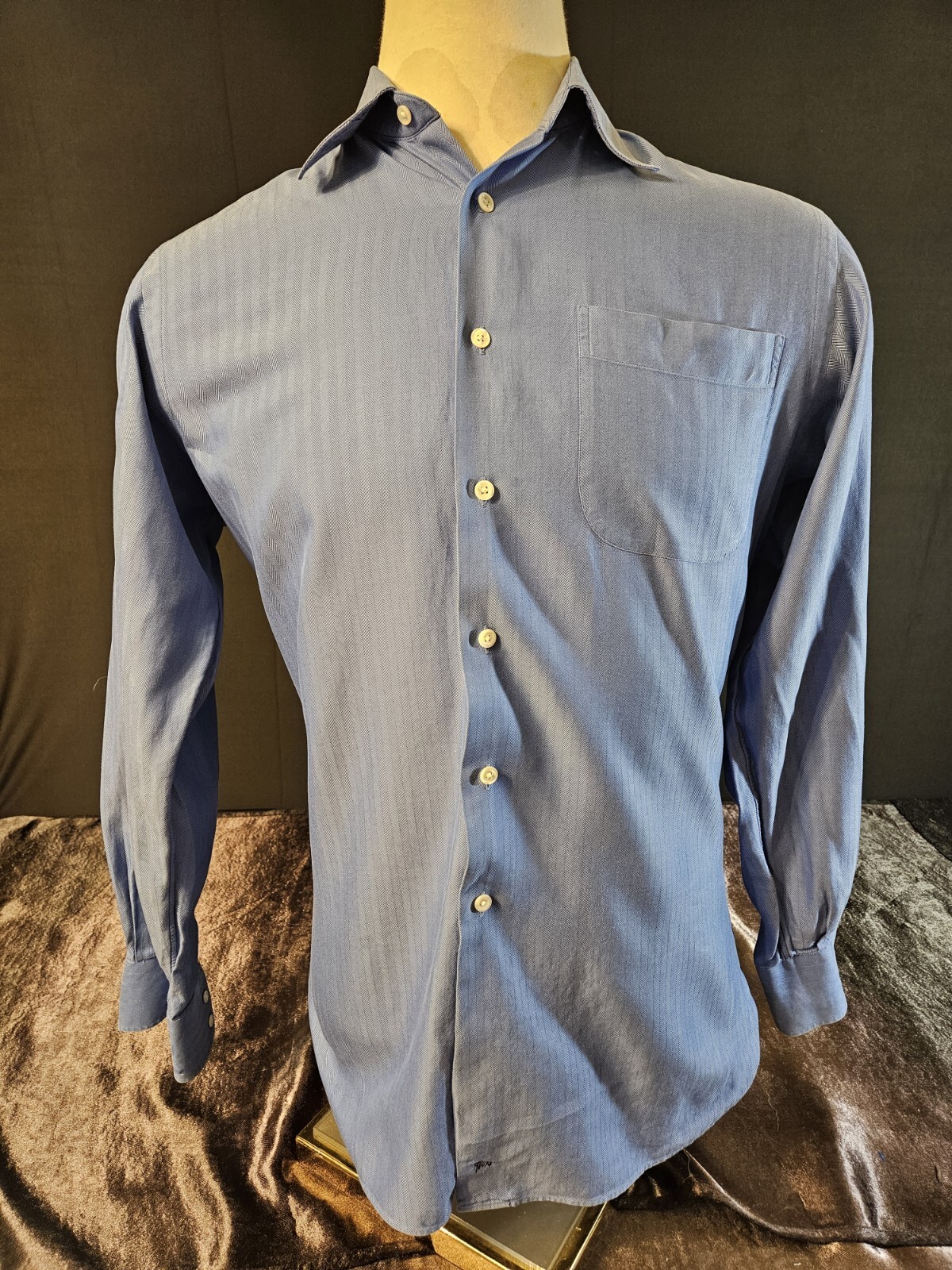 John W Nordstrom Mens 15.5/35 Woven Blue Cotton Long Sleeve Button Up Thick