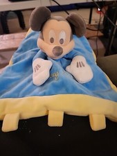 DISNEY Parks Mickey Mouse Plush Lovey 13" Security Blanket Blue Yellow Crinkle