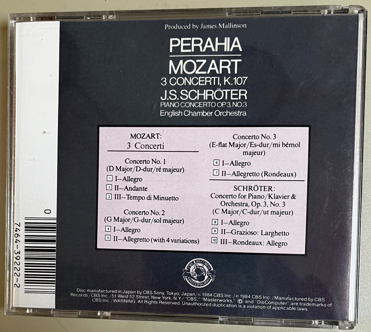 Mozart MURRAY PERAHIA 3 Piano Concerti K107, JP Schroter
