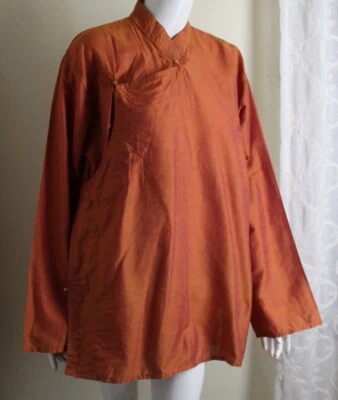 RigSang Taille L Orange Tibétain Enveloppant Exquis Art Soie Chemisier Tunique - Photo 1/4