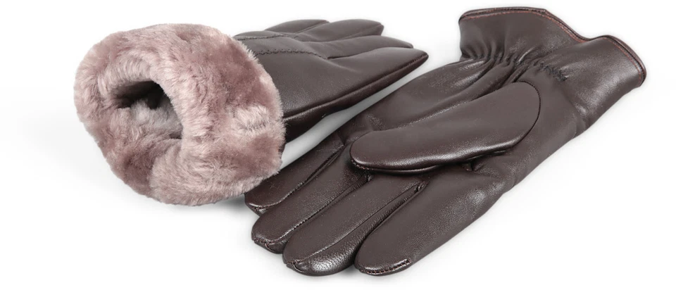 Guantes de cuero forrados de piel de oveja de piel de oveja premium para hombre - marrón Foto 3 de 4