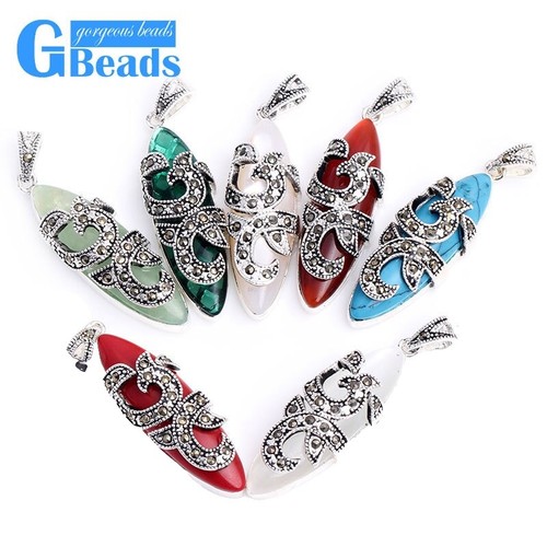 GEM-inside 12mm Round Gemstone Bead Pendant With Marcasite - Tibetan Silver Plated - Selectable Colors - 18" Chain