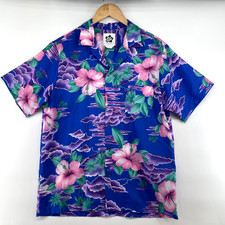 VTG Hilo Hattie Men Large Purple Floral Button Up Hawaiian Shirt 80s Hibiscus