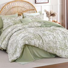 King Size Comforter Set - 8 Pieces Floral Comforter Set Sage Green, Bed in a Bag