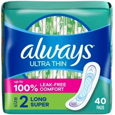 Ultra Thin Long Super Absorbent Unscented Pads Without Wings Size 2 Pack of 40