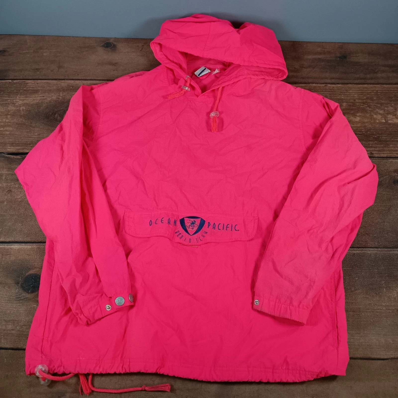 Ocean Pacific Anorak Windbreaker Hoodie Pullover Neon Pink Mens Size Large