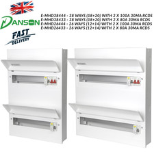 DANSON Double Stacked Consumer Unit 26-38 Ways w/ 100A Main Switch & 2 RCDs 30mA