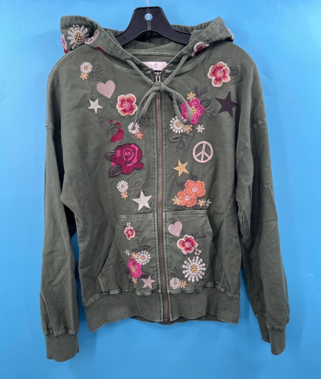 Womens BILLY T Dristressed Green Floral Embroidered Full Zip Hoodie Jacket Sz XS