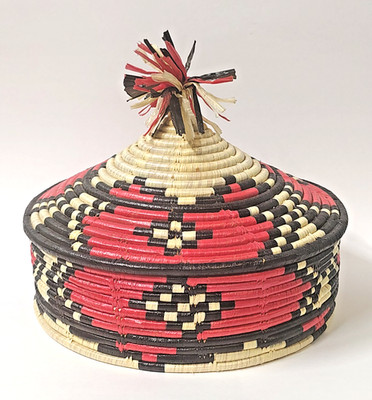 Recycled Lidded Morrocan Basket Jute and Plastic Black and Red