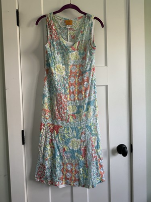 #ad Ruby Rd. Sleeveless Patchwork Floral Midi Dress in Aqua Coral amp; Yellow $8.00