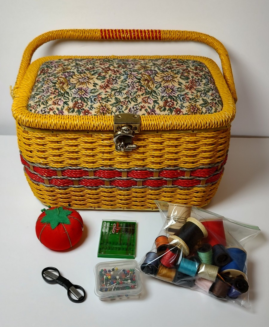 Vintage Woven Wicker Sewing Basket Box With Tapestry Floral Hinged Lid with Misc