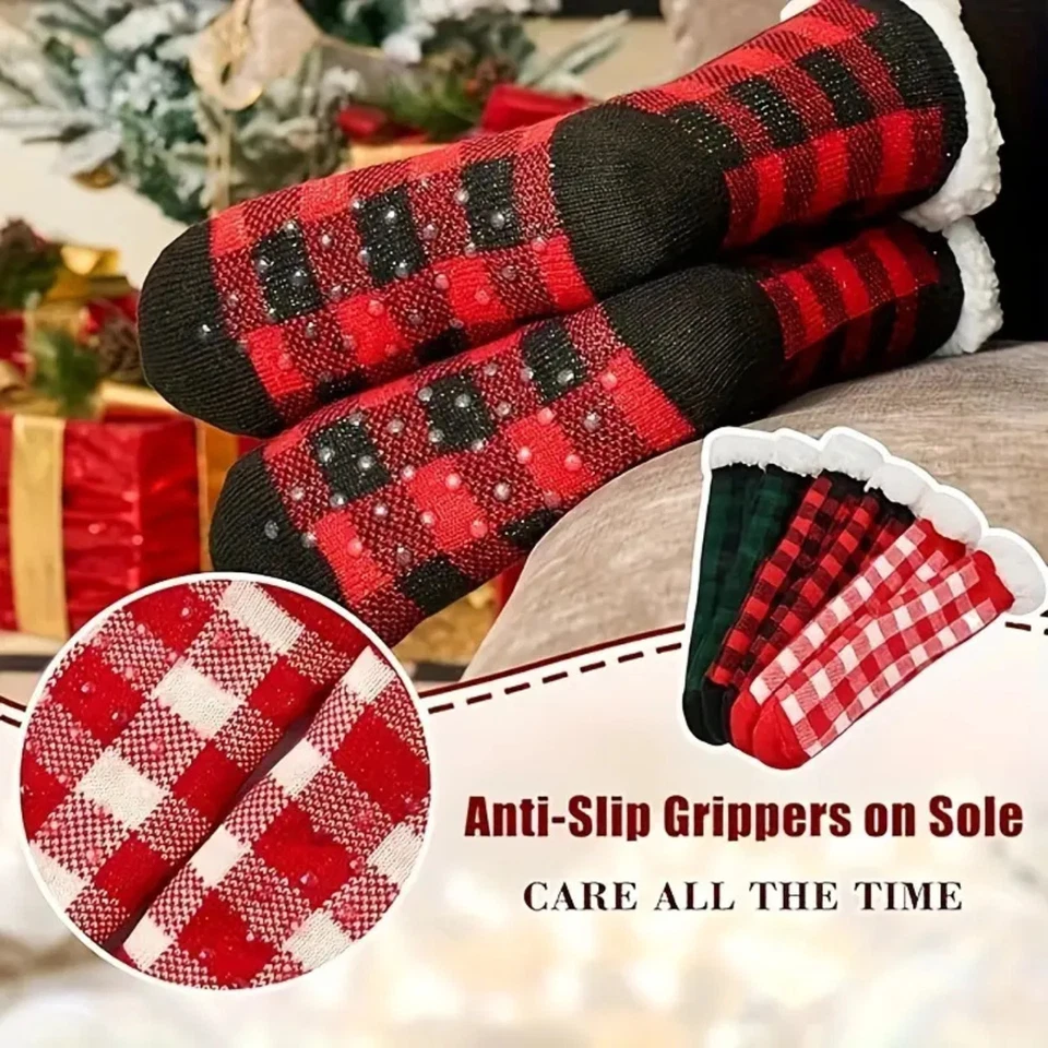 Festive Plaid Slipper Socks Knitted Fluffy Thick Soft Warm Thermal Sherpa Socks - Image 3 of 4