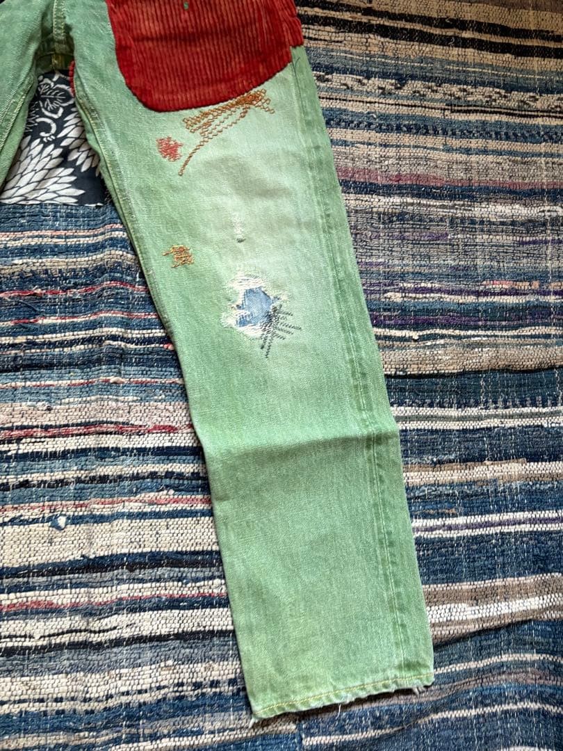 KAPITAL Rasta Patchwork Straight Denim Jeans Gras… - image 4