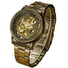 Retro Bronze Skeleton Classic Self-winding Mechanical Stainless Men Wristwatch