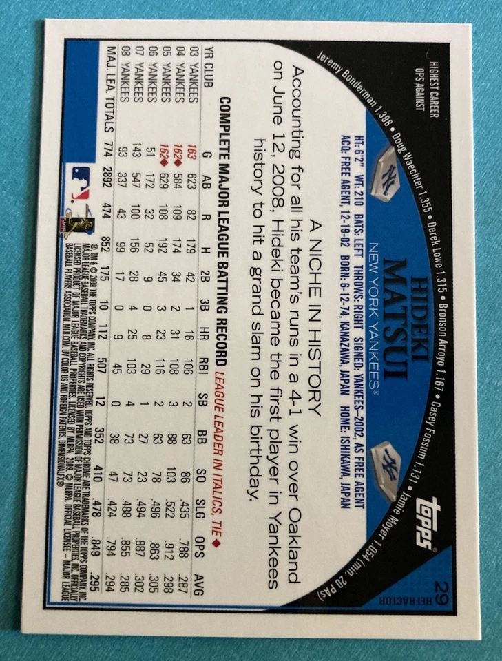 2009 Topps Chrome Hideki Matsui Refractor #29 - Image 2 of 2