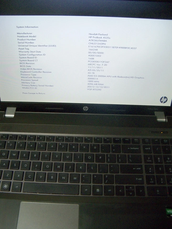 HP Probook 4535S - getestet - bootet auf Bios, AMD E2 CPU, 4GB Ram - Bild 2 von 4