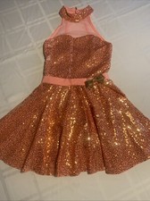Girls Revolution Dance Costume Coral Gold Sequin Medium Child Girls