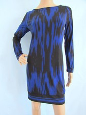 MICHAEL KORS Size M - PETITE Black & Blue Geom Long Sleeve Jersey Sheath Dress