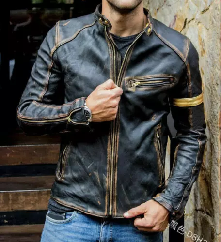 Herren Retro Stehkragen Motorrad, abgenutzte Coffee Shop Punk Stil Lederjacke - Bild 8 von 10
