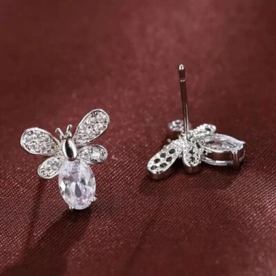 Pear Cut Simulated Diamond Stud Butterfly Earring 14K White Gold Plated Silver
