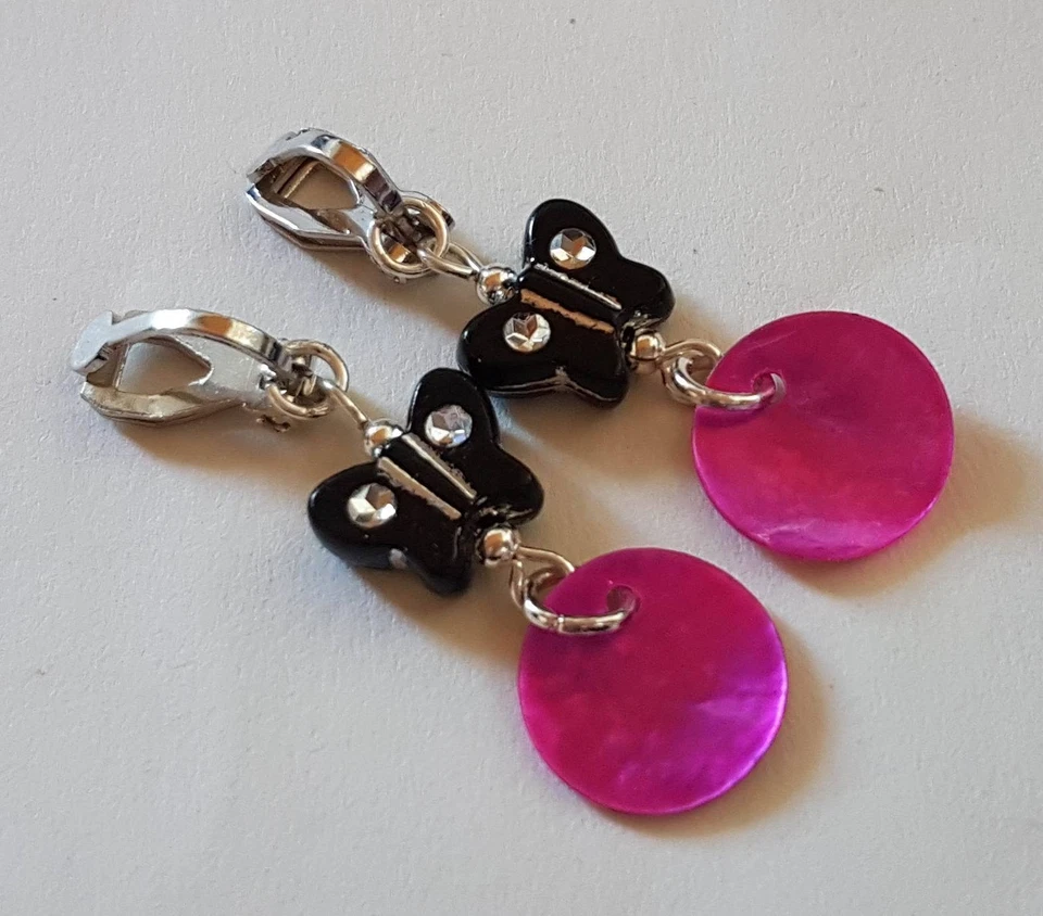 OHRCLIPS  KINDEROHRCLIPS  ZIERLICH PERLMUTT SCHMETTERLING PINK SCHWARZ - Bild 2 von 2