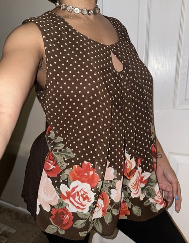 New York & Company Womens Sleeveless Brown Polka Floral Print Blouse NEW Sz XL - Picture 2 of 4