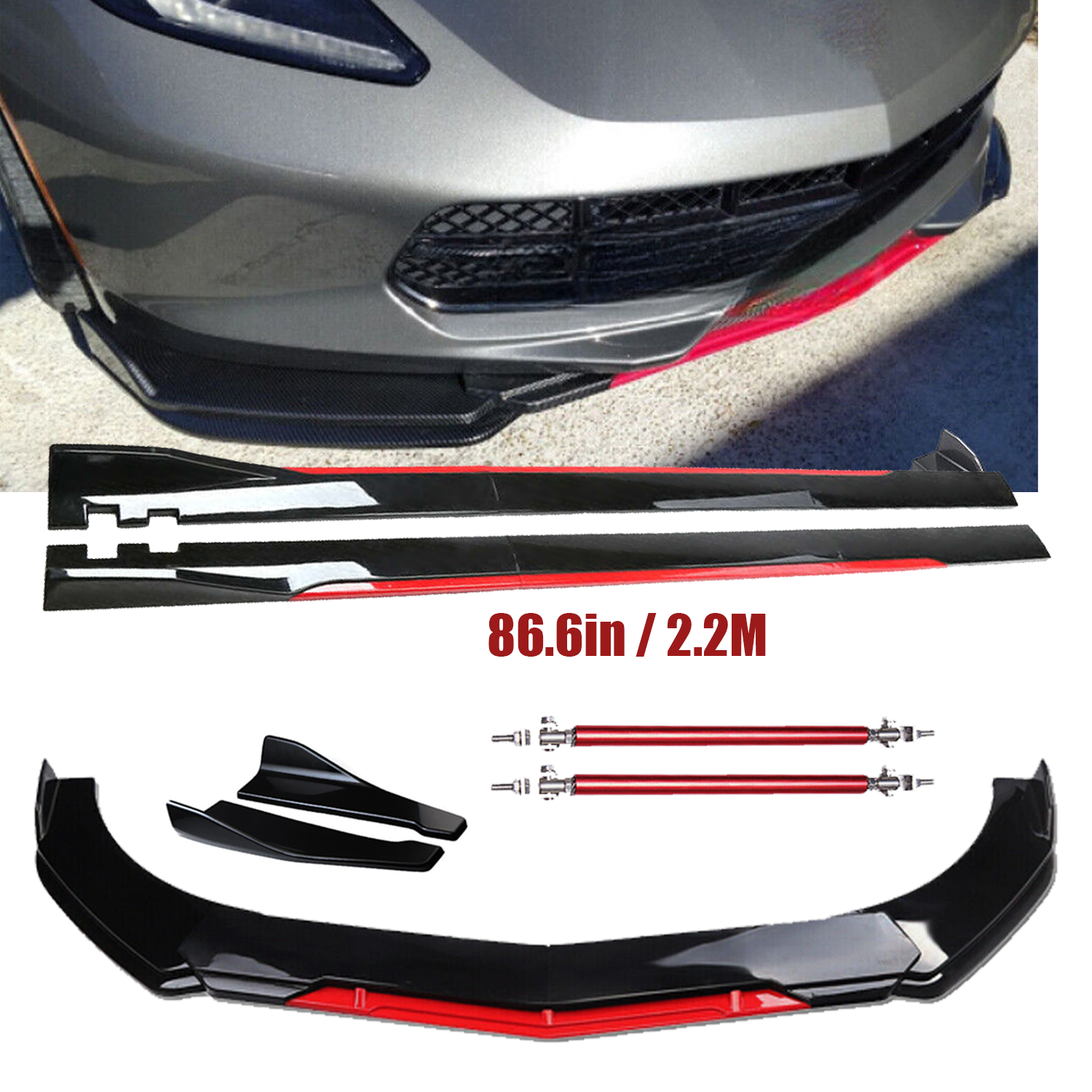 Front Bumper Lip Splitter Spoiler Glossy Black Red For Corvette C7 Z06 Body Kit