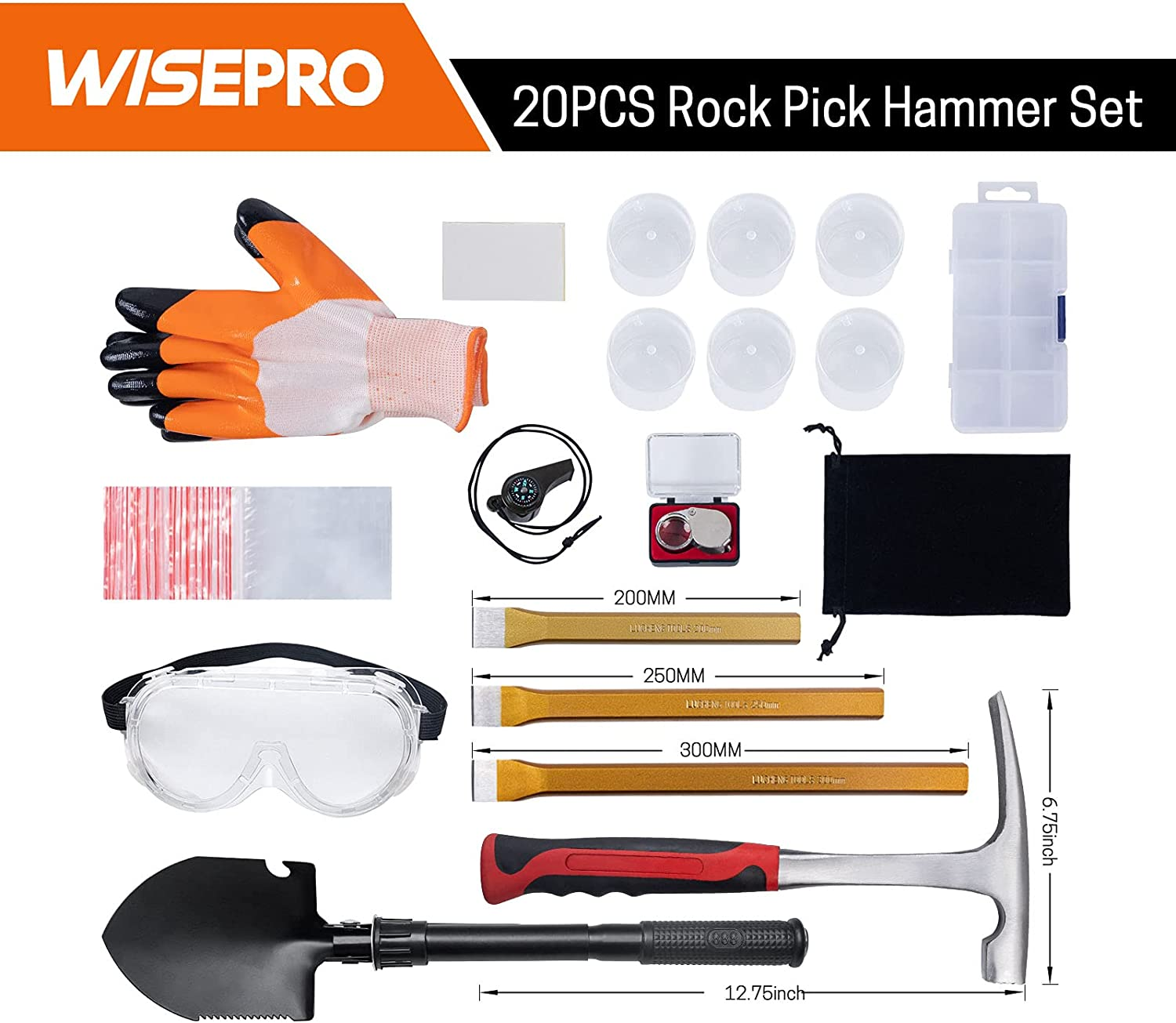 20 PCS Geology Tools and Rock Pick Hammer Set for Rock Hounding, Gold