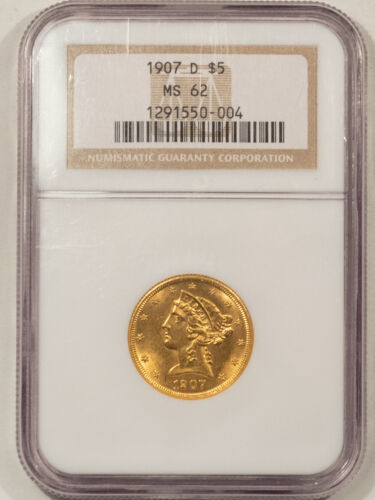 1907-D $5 LIBERTY GOLD HALF EAGLE - NGC MS-62, NICE LUSTER! - Picture 1 of 3